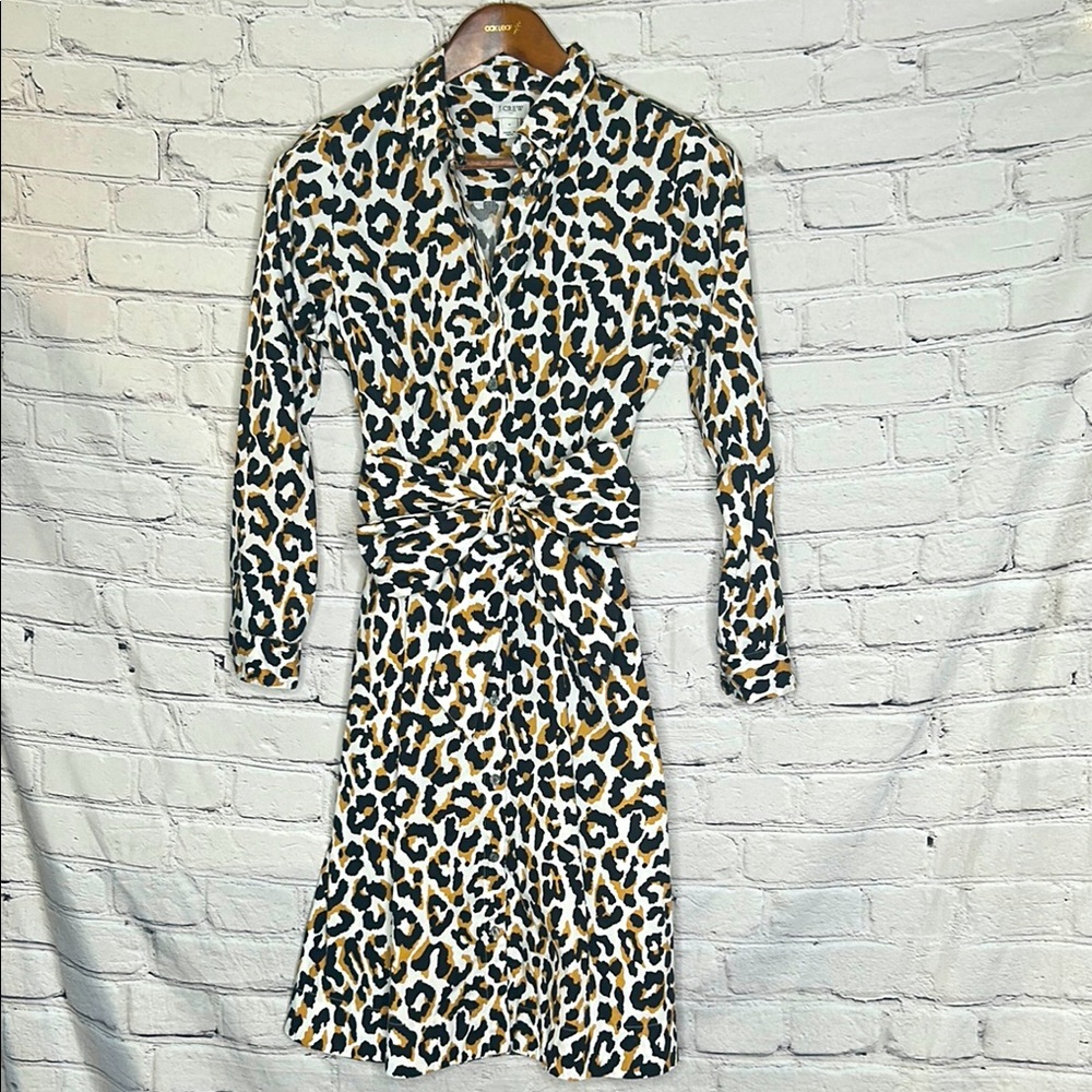 J. Crew Leopard Long Sleeve Collared Waist Tie Shirt Dress Size 4